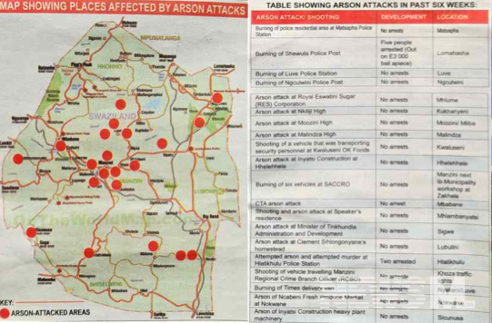 최근 에스와티니 방화 사건 분포도, 사회 정치적으로 불안한 에스와티니(양승훈 총장 제공)