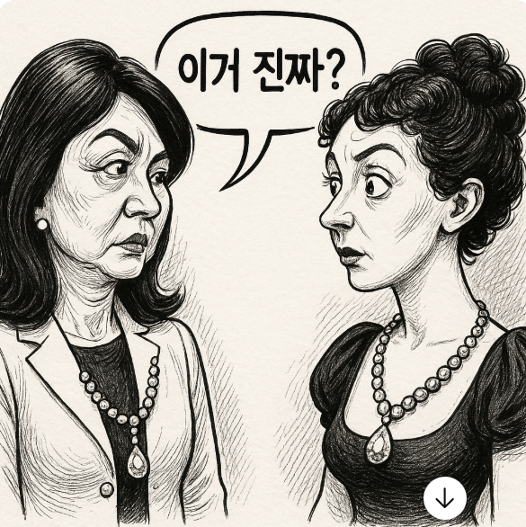 아래와 같은 프롬프트로 챗지피티가 그려준 그림.  '김건희와 모파상의 '목걸이'의 주인공 마틸드가 서로 마주 서서 상대방의 목걸이를 바라보며 '이거 진짜?'라고 묻는 흑백 캐리커처스타일의 그림을 그려줘'