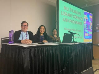 미국 공립 도서관 (PLA) 학회 발표장, 캔사스시티 도서관 이민/난민부서장 줄리 (Julie Robinson) & 시카고 공립 도서관 로자노 (Lozano)지점장 데이릴리(Daylily Alvarez)와 함께.