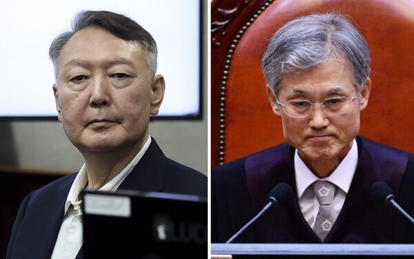 2024년 12월 3일 계엄령 선포로 1차 쿠데타를 일으킨 윤석열(왼쪽).  2025년 5월 1일 이재명 선거법 사건 파기 환송으로 2차 쿠데타를 일으킨 조희대(오른쪽).